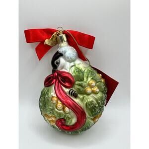 Lenox Yuletide Treasures Ornament, Chickadee Bird on Mistletoe, Red Ribbon NWT